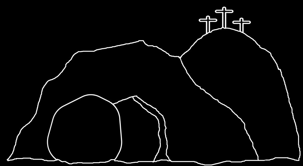 Outline drawing of a rocky hill with three crosses at the top and an entrance to a cave below.
